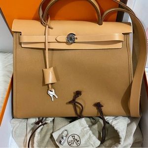 2012 Hermes Herbag Zip 31 PM Vache Hunter Toile Dune/Sable Naturel +Orange, PHW